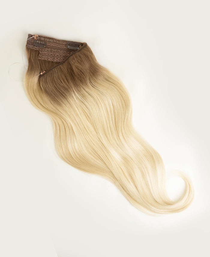halo one-step hair extensions shadow root white blonde.
