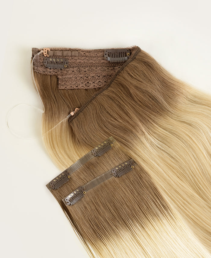 halo one-step hair extensions shadow root white blonde.