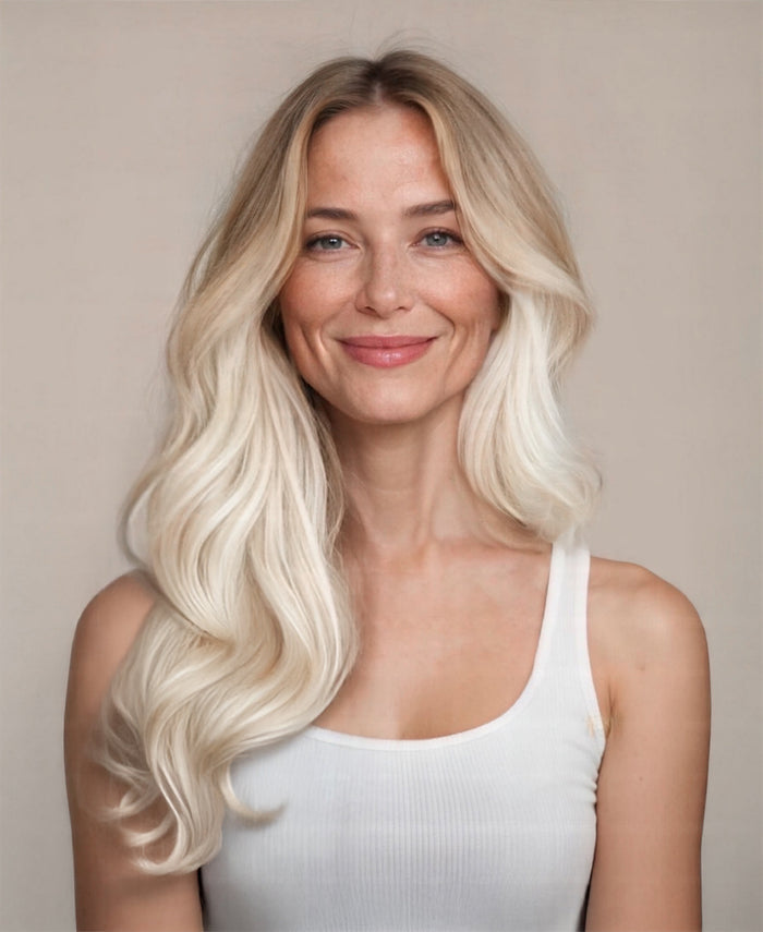 halo one-step hair extensions shadow root white blonde.