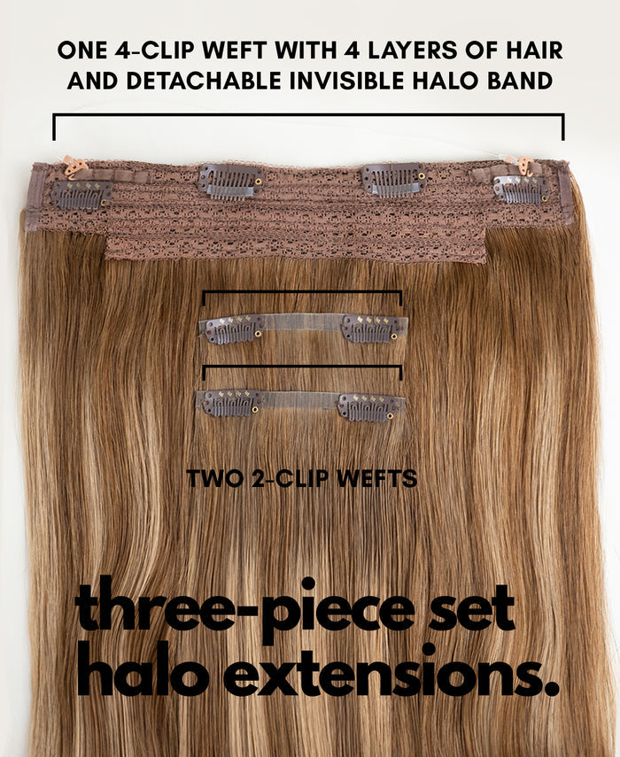 halo one-step hair extensions teddy blonde balayage.