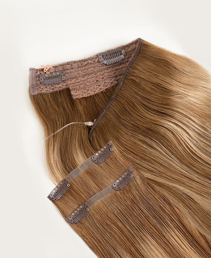 halo one-step hair extensions teddy blonde balayage.