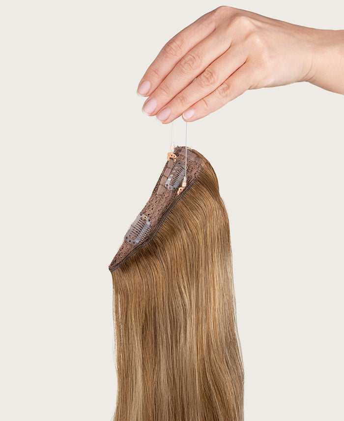 halo one-step hair extensions teddy blonde balayage.