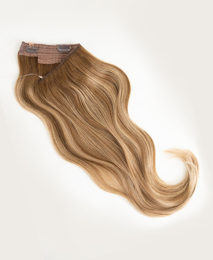 halo one-step hair extensions teddy blonde balayage.