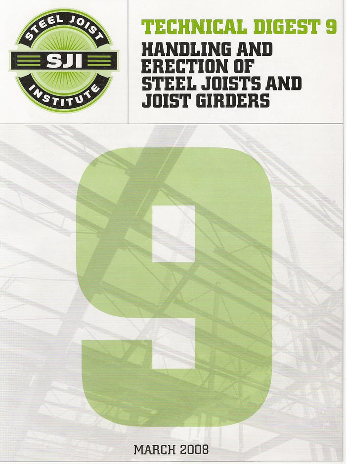 Cover of Technical Digest 9 on handling and erection of steel joists and joist girders with SJI logo and structural background