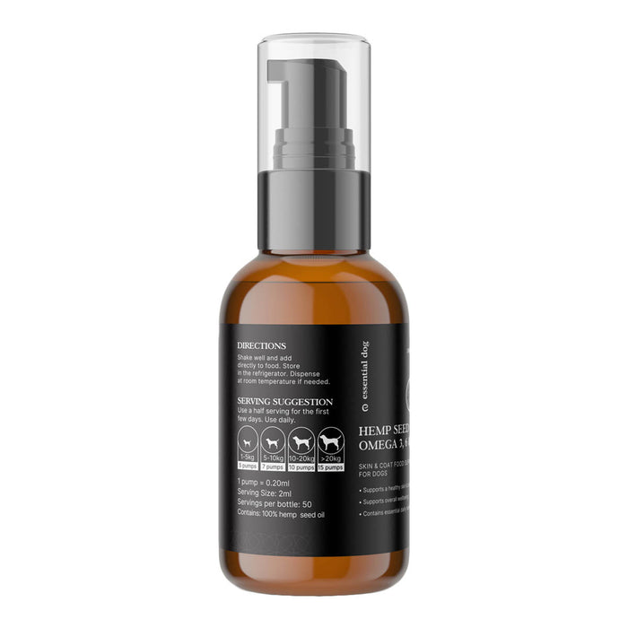 Hemp seed oil bottle for dogs with label on a white background.