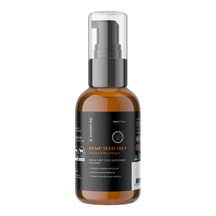 Hemp seed oil bottle for dogs on a white background.