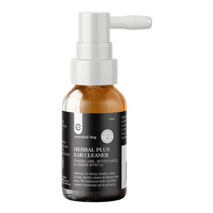 Bottle of Herbal Plus Ear Cleaner by Essential Dog on a white background.