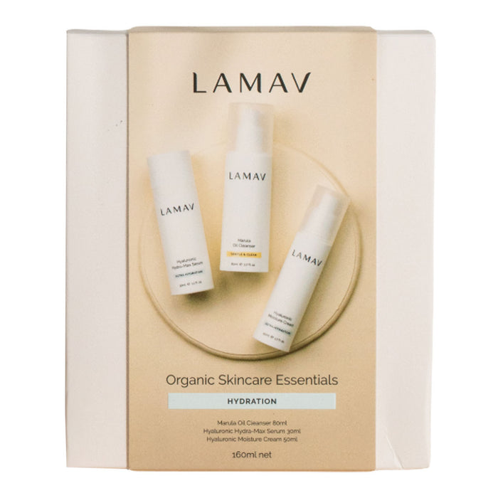LAMAV organic skincare essentials set in beige packaging on a white background.