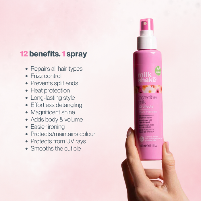 milk_shake incredible milk hair spray bottle held by a hand with text listing 12 benefits on a pink background