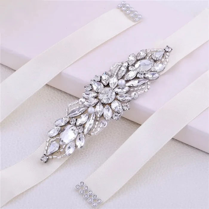 Wedding Accessories - Silver Pearl and Crystal Bridal Belt/Sash