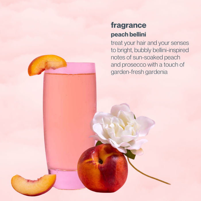 Pink drink with peach slices and a flower on a pink background, promoting 'peach bellini' fragrance.