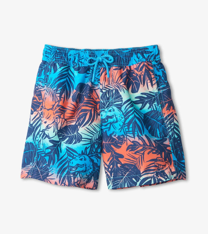 Hatley boys Jungle Dinos swim trunks in Blue/Orange/Green with drawcord waist