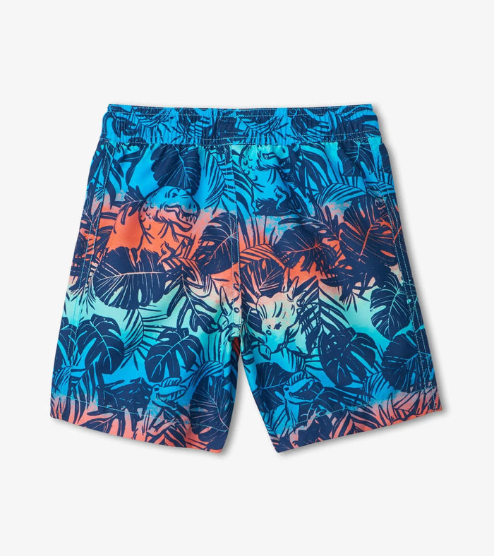 Back view of Hatley boys Jungle Dinos swim trunks with allover dinosaur print