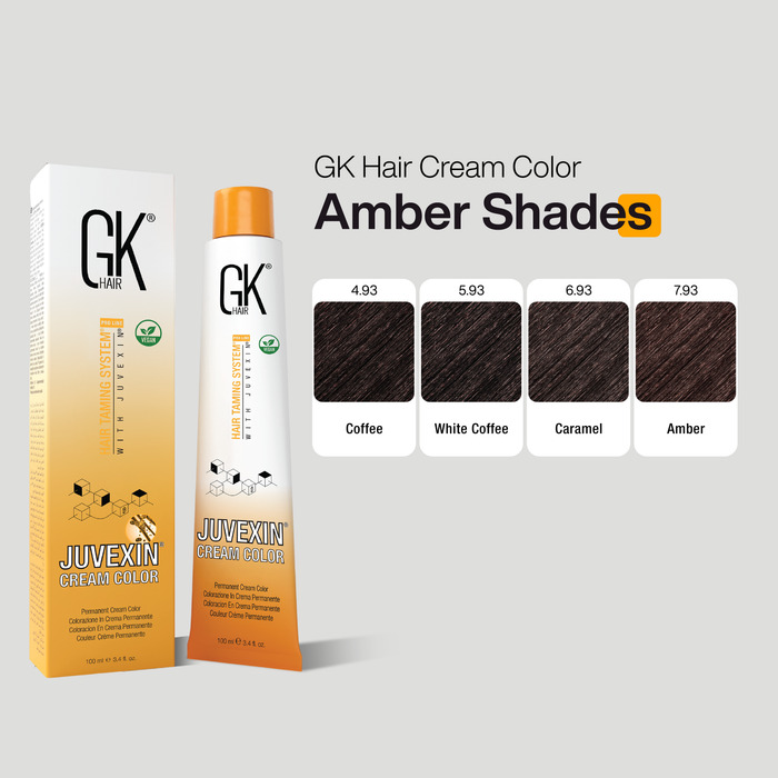 GK Hair Cream Color packaging with Amber Shades on a gray background