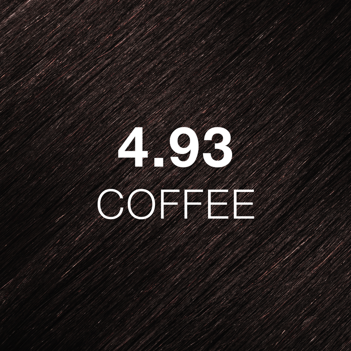 GK Hair Juvexin Cream Color 4.93 Coffee hair color swatch, dark coffee-brown hair texture with the name in white