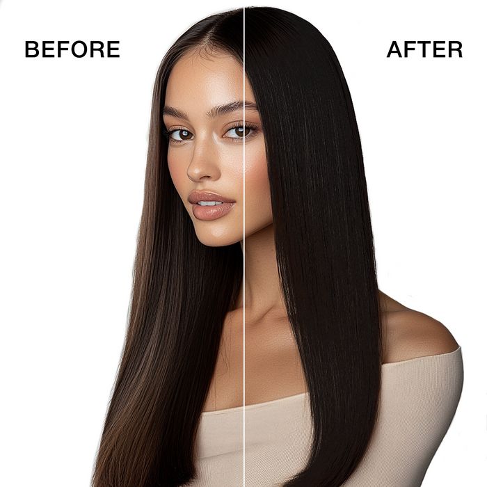 GK Hair's model 2 showing her hair before and after using GK Hair's 4.93 Coffee Cream Color