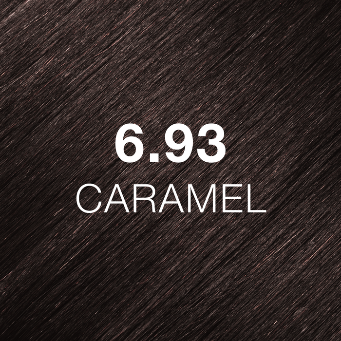 GK Hair Juvexin Cream Color 6.93 Caramel hair color swatch, dark warm brown strands labeled in white text