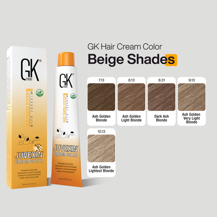 GK Hair Cream Color packaging with beige shades swatches on a gray background
