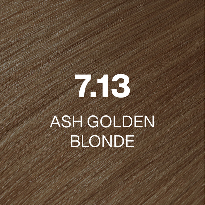 GK Hair Juvexin Cream Color 7.13 Ash Golden Blonde hair color swatch, light beige-blonde strands labeled in white