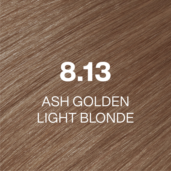 GK Hair Juvexin Cream Color 8.13 Ash Golden Light Blonde hair color swatch, soft beige-blonde hair texture, name in white