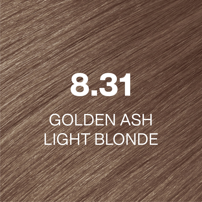 GK Hair Juvexin Cream Color 8.31 Golden Ash Light Blonde hair color swatch, soft beige-blonde hair texture, name in white