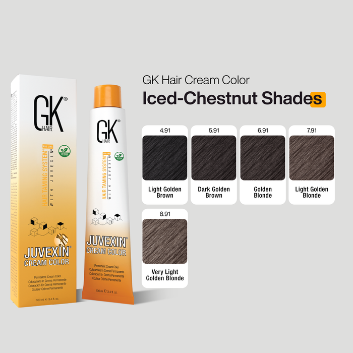 GK Hair Cream Color packaging with Iced Chesnut Shades on a gray background