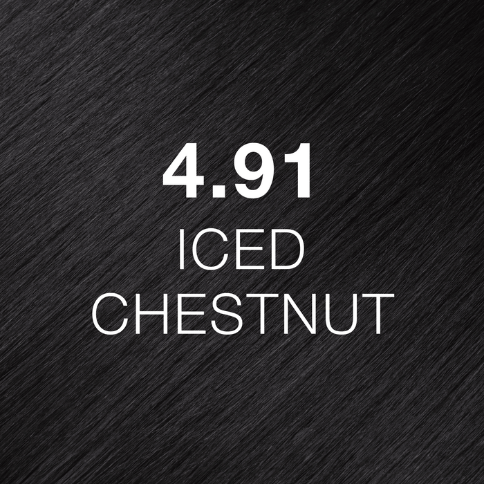 GK Hair Juvexin Cream Color 4.91 Iced Chestnut hair color swatch, cool dark chestnut brown hair texture labeled in white