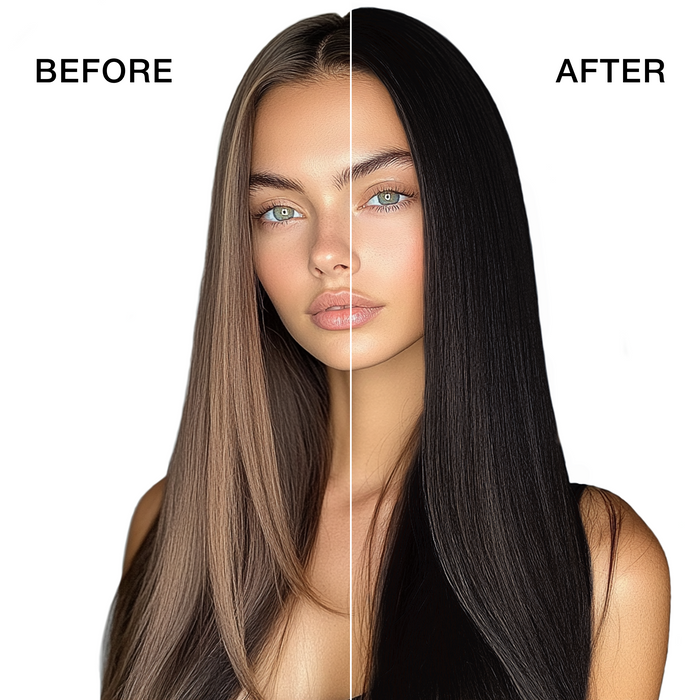 GK Hair's model 5 showing her hair before and after using GK Hair's Juvexin 4.91 Iced Chesnut Cream Color