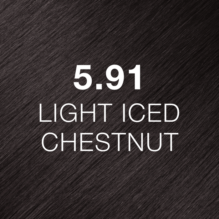 GK Hair Juvexin Cream Color 5.91 Light Iced Chestnut hair color swatch, dark cool gray-brown hair texture