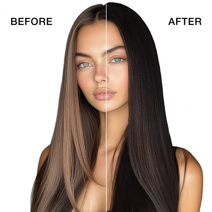 GK Hair's model 5 showing her hair before and after using GK Hair's Juvexin 5.91 Iced Chestnut Cream Color