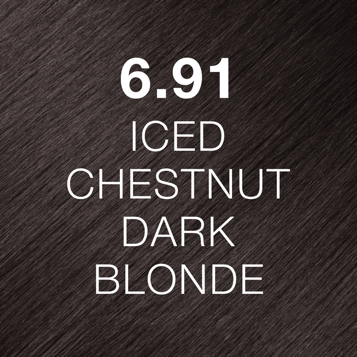 GK Hair Juvexin Cream Color 6.91 Iced Chestnut Dark Blonde hair color swatch, cool ash-brown strands labeled in white