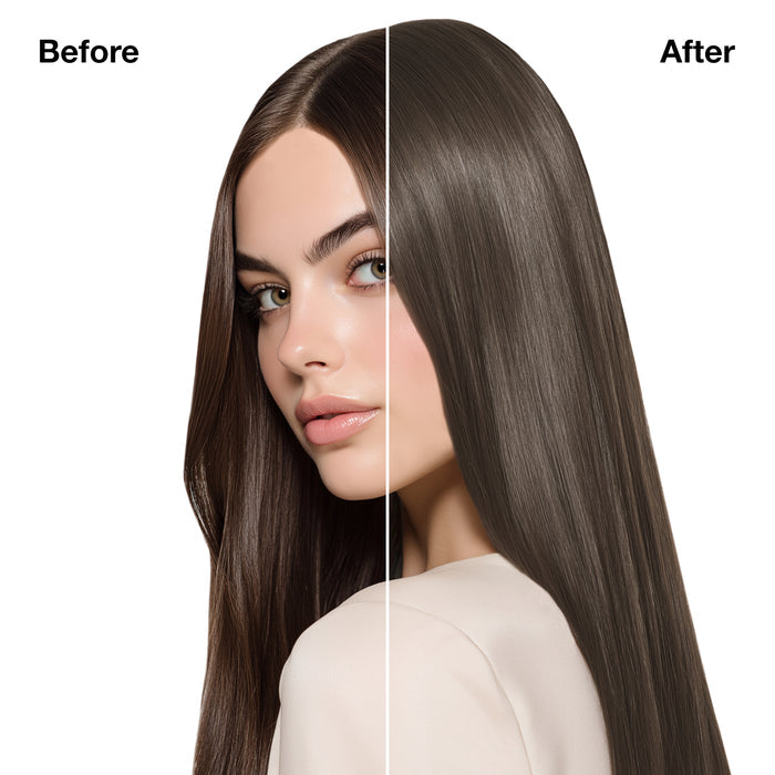 GK Hair's model 8 showing her hair before and after using GK Hair's Juvexin 6.17 Matt Dark Blonde Cream Color