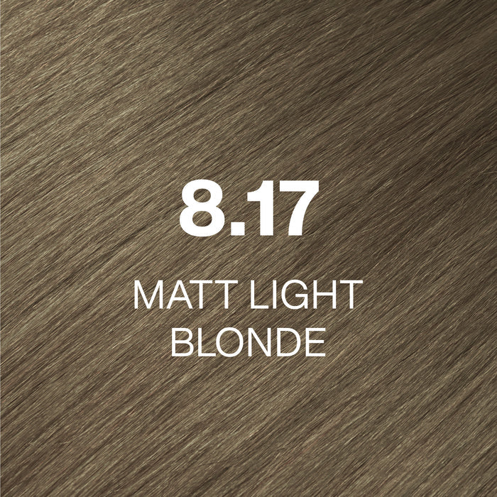 GK Hair Juvexin Cream Color 8.17 Matt Light Blonde hair color swatch, muted olive-toned blonde hair texture, name in white