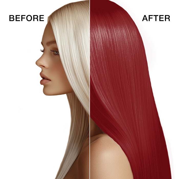 GK Hair's model 3 showing her hair before and after using GK Hair's Mixtones Red Cream Color