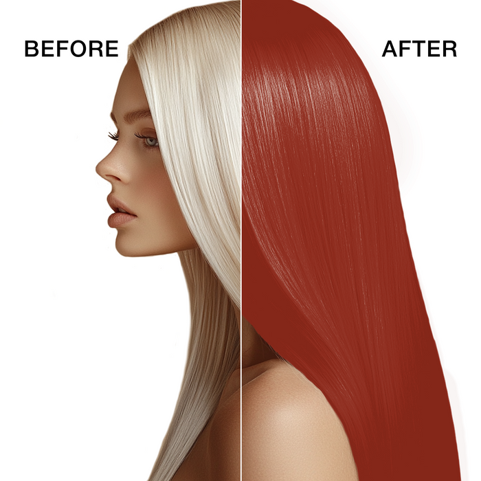 GK Hair's model 3 showing her hair before and after using GK Hair's Mixtones Copper Cream Color