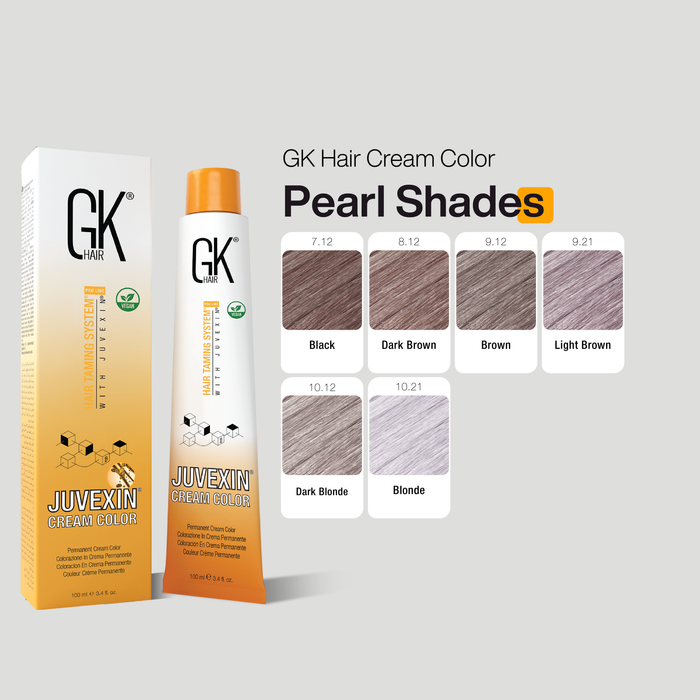 GK Hair Pearl Cream Color packaging with color swatches on a gray background