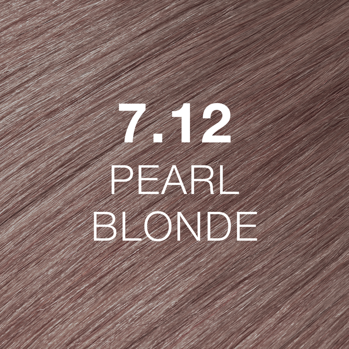 GK Hair Juvexin Cream Color 7.12 Pearl Blonde hair color swatch, pale pearly mauve strands labeled in white text