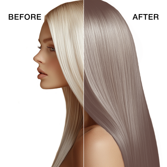 GK Hair's model 3 showing her hair before and after using GK Hair's Pearl Blonde Cream Color