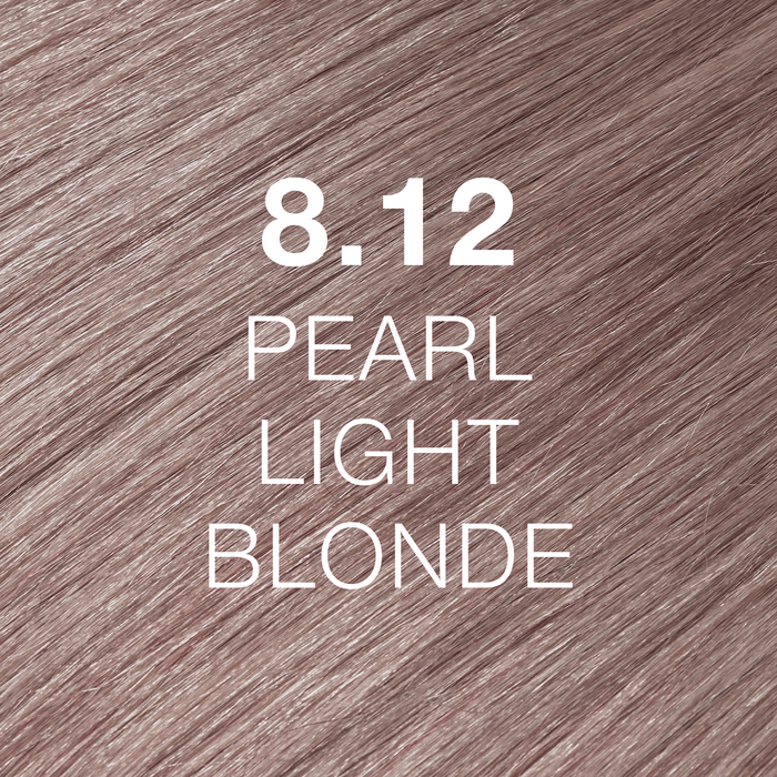 GK Hair Juvexin Cream Color 8.12 Pearl Light Blonde hair color swatch, pale pearly lilac-blonde hair texture, name in white