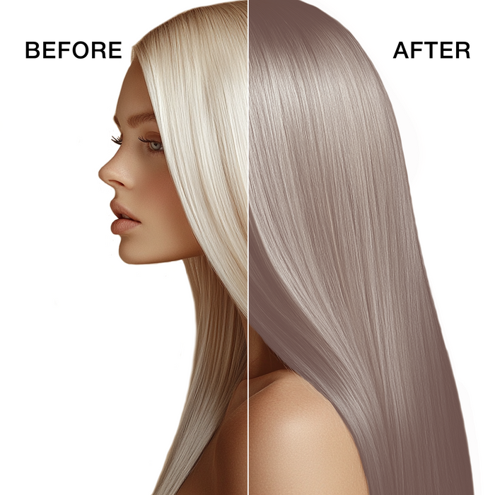 GK Hair's model 3 showing her hair before and after using GK Hair's 8.12 Pearl Light Blonde Cream Color