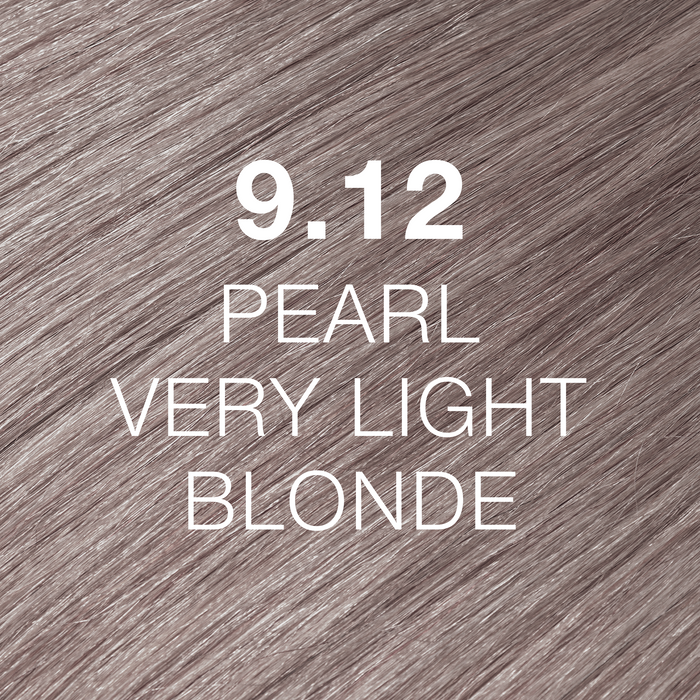 GK Hair Juvexin Cream Color 9.12 Pearl Very Light Blonde hair color swatch, glossy pearly silver-blonde hair, white text