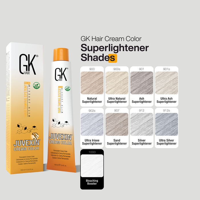 GK Hair Cream Color packaging with Superlightener Shades color swatches on a gray background