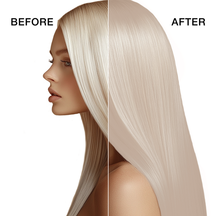 GK Hair's model 3 showing her hair before and after using GK Hair's 900 Superlighteners Cream Color