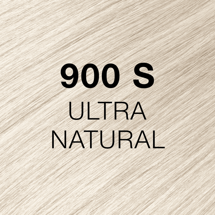 GK Hair Juvexin Cream Color 900 S Ultra Natural hair color swatch, glossy near-white platinum hair, black text