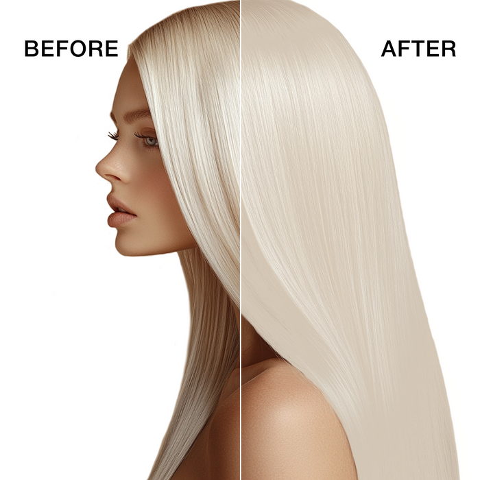 GK Hair's model 3 showing her hair before and after using GK Hair's Superlighteners 900S Ultra Natural Cream Color