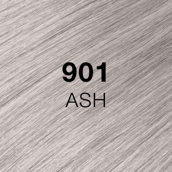 GK Hair Juvexin Cream Color 901 Ash hair color swatch, glossy silver-gray platinum hair, name in black text