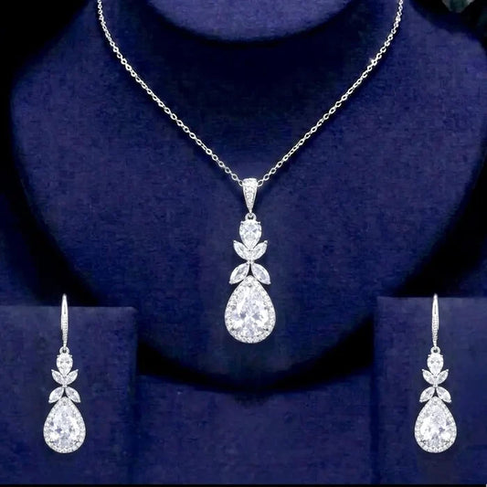 Wedding Jewelry - Cubic Zirconia Bridal Backdrop Necklace and Earrings Set