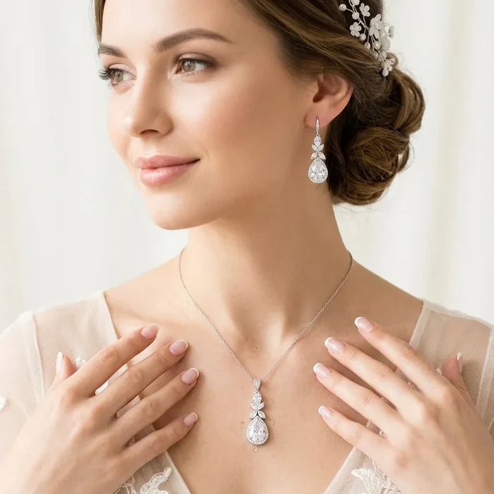 Wedding Jewelry - Cubic Zirconia Bridal Backdrop Necklace and Earrings Set