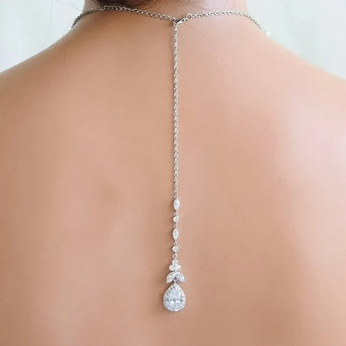 Wedding Jewelry - Cubic Zirconia Bridal Backdrop Necklace and Earrings Set