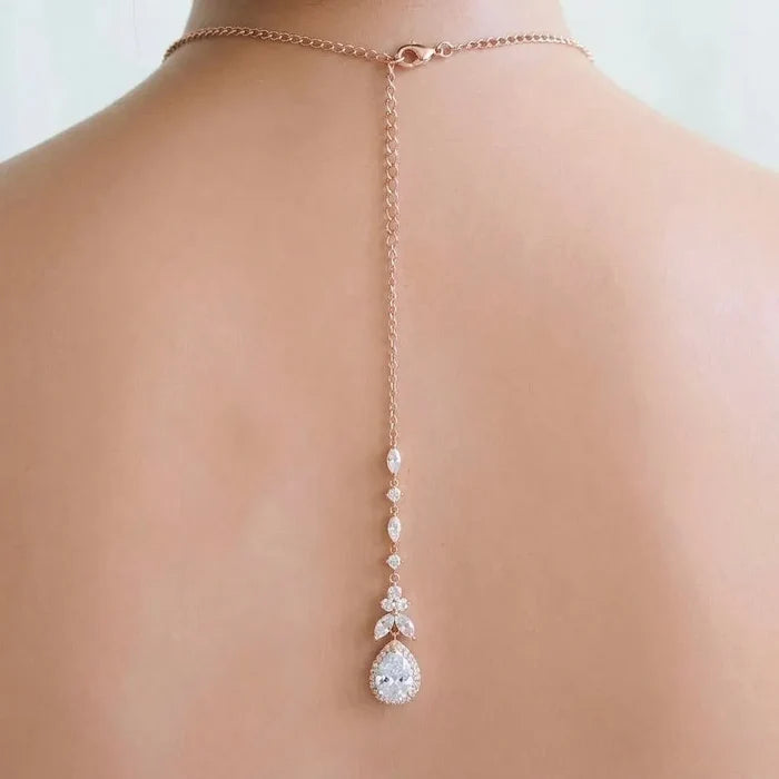 Wedding Jewelry - Cubic Zirconia Bridal Backdrop Necklace and Earrings Set